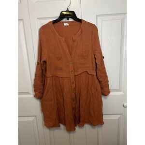 By Together + Collection Burnt Orange Gauze Button Down Tunic Top Size S